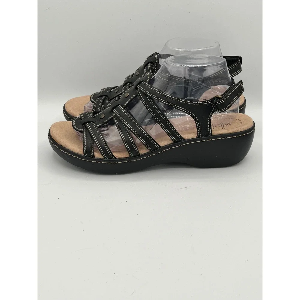 Clarks Delana Curve Black Leather Strappy Wedge Sandals Women Size 10M